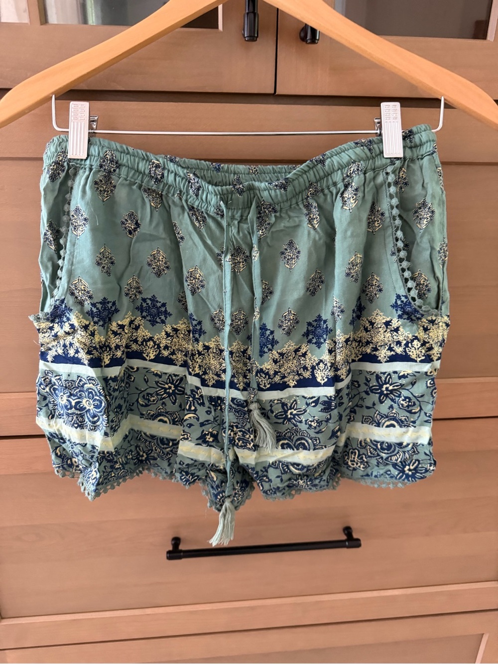 Angie Mint Green Boho Printed High-Waist Shorts with Tassel